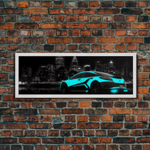 Cargar imagen en el visor de la galería, City Skyline Wall Art, Teal Sports Car, Abstract Urban Art, Cityscape Art, Dark Night Large Urban Art, Panoramic, Wall Art, Canvas Print