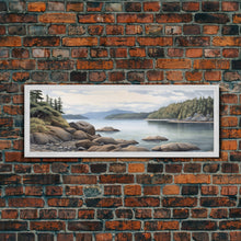 Cargar imagen en el visor de la galería, Colored Pencil Landscape Wall Art Print, Lake, Riverbank, River, Trees, Mountain, Large Canvas Art Print, Panoramic, Wall Art, Canvas Print