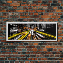 Load image into Gallery viewer, Long Exposure City Street Lights Wall Art, Urban Art Print, Night In The City, Streaks Of Light, Panoramic, Wall Art, Canvas Print