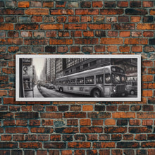 Load image into Gallery viewer, Detailed Street Pencil Sketch Canvas Print, City Wall Art, Bus, Cars, Traffic, Buildings, Urban Art Print, Panoramic, Wall Art, Canvas Print