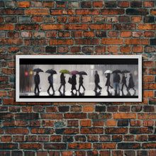 Load image into Gallery viewer, Crowd Walking With Umbrellas Canvas Print, Raining City Art, Urban Art, Large Urban Art Print, Wall Decor, Panoramic, Wall Art, Canvas Print