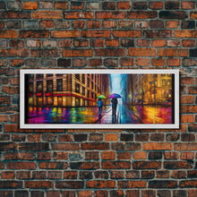 Cargar imagen en el visor de la galería, Colorful Umbrellas City Canvas Print, Large Urban Art Print, Two People Walking On Street, Vibrant Art, Panoramic, Wall Art, Canvas Print