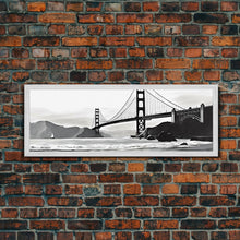Load image into Gallery viewer, Black And White Suspension Bridge Canvas Print, Large Urban Art Print, Sailboat, River, Landscape, Panoramic, Wall Art, Canvas Print