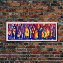 Cargar imagen en el visor de la galería, Forest On Fire, Red Flames, Blue Trees, Abstract Forest Art, Canvas Wall Decor, Large Art Print, Panoramic, Wall Art, Canvas Print