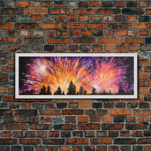 Carregar imagem no visualizador da galeria, Fireworks Over Forest Canvas Art Print, Woods, Pines Trees, Wall Decor, Framed Large Canvas Print, Panoramic, Wall Art, Canvas Print