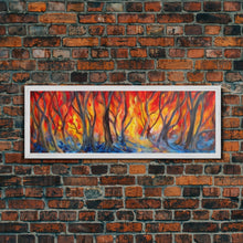Carregar imagem no visualizador da galeria, Flames In The Woods Canvas Art Print, Forest Fire, Red Flame, Wall Decor, Framed Large Canvas Print, Panoramic, Wall Art, Canvas Print