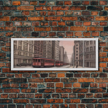 Cargar imagen en el visor de la galería, Colored Pencil Streetcar Urban Art Print, Red Train, Tram In The City, Sketch Art, City Art, Urban Print, Panoramic, Wall Art, Canvas Print