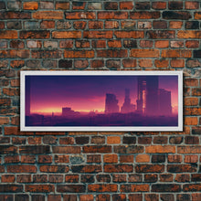 Load image into Gallery viewer, Cyberpunk Cityscape, Ready To Hang Canvas Print, Panoramic, Cyberpunk Concept Art, Cityscape at Sunset, Cool mancave art, Purplewave