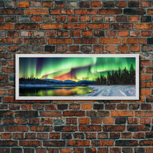 Carregar imagem no visualizador da galeria, Aurora Borealis, Northern Lights Panoramic Framed Canvas Print, Beautiful Winter Wonderland Landscape Painting