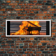 Carregar imagem no visualizador da galeria, Burning Piano On The Beach, Surreal Art, Framed Canvas Print, Panoramic Wall Art