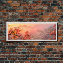 Load image into Gallery viewer, Dew Covered Spiderweb In The Fall, Framed Canvas Print, Autumn Centerpiece, Fall Leaves In The Autumn