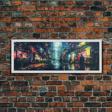 Load image into Gallery viewer, Cyberpunk Tokyo City Streets, Framed Canvas Print, Cyberpunk Style Wall Art, Synthwave Decor, Videogame Concept Art