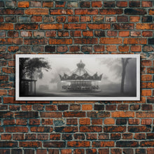 Load image into Gallery viewer, Creepy Carousel / Merry Go Round Wall Art, Framed Canvas Print, Black And White Art