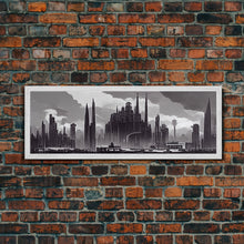 Load image into Gallery viewer, Dystopian Art Deco Style Architecture, Extra Large Wall Art, Framed Panoramic Canvas Print, Framed Wall Decor