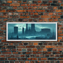 Load image into Gallery viewer, Dystopian Cyberpunk Metropolis, Steampunk Mashup, Extra Large Wall Art, Framed Panoramic Canvas Print, Framed Wall Art