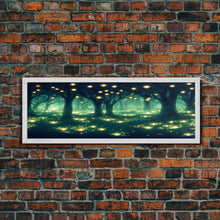 Cargar imagen en el visor de la galería, Fantasy Forest At Night With Fireflies, Extra Large Wall Art, Framed Panoramic Canvas Print, Framed Wall Art