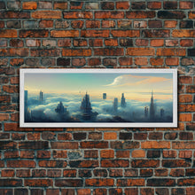 Load image into Gallery viewer, Cyberpunk City Above The Clouds, Futuristic Metropolis, Extra Large Wall Art, Framed Panoramic Canvas Print, Framed Wall Decor