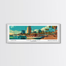 Load image into Gallery viewer, San Diego California Panoramic Painting, Retro Style Framed Canvas Print, Mid Century Modern Wall Art, Pop Art Travel Poster