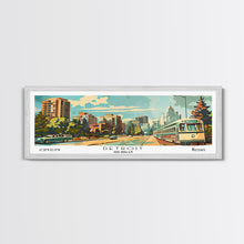 Load image into Gallery viewer, Detroit Michigan Panoramic Wall Art, Mid Century Modern Framed Canvas Print, Retro Pop Art Travel Poster, Office Art, Living Room Decor