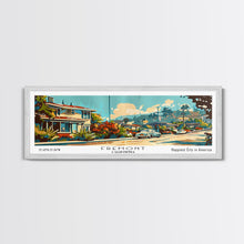 Load image into Gallery viewer, Fremont California Panoramic Painting, Mid Century Modern Framed Canvas Print, Retro Pop Art Travel Poster, Wall Decor, Gift Idea, Home Decor