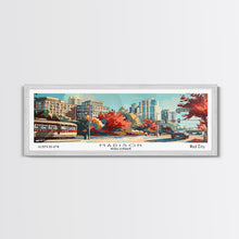 Load image into Gallery viewer, Madison Wisconsin Panoramic Painting, Mid Century Modern Framed Canvas Print, Retro Pop Art Travel Poster, Wall Art, Home Decor, Office Wall Art, Living Room Decor