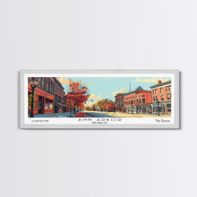 Load image into Gallery viewer, Ann Arbor Michigan Panoramic Painting, Mid Century Modern Framed Canvas Print, Retro Pop Art Travel Poster, Office Art, City Print