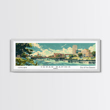 Cargar imagen en el visor de la galería, Cedar Rapids Iowa Panoramic Painting, Mid Century Modern Framed Canvas Print, Retro Pop Art Travel Poster, Living Room Wall Art Decor, City Print