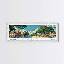 Load image into Gallery viewer, College Station Texas Panoramic Painting, Mid Century Modern Framed Canvas Print, Retro Pop Art Travel Poster, Living Room Art, Home Decor