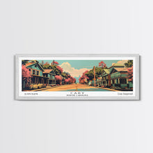 Cargar imagen en el visor de la galería, Cary North Carolina Panoramic Painting, Framed Canvas Print, Mid Century Modern Wall Art, Retro Pop Art Travel Poster, Living Room Decor, City Art