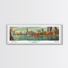 Load image into Gallery viewer, Detroit Michigan Panoramic Painting, Framed Canvas Print, Mid Century Modern Wall Art, Retro Pop Art Travel Poster, Office Decor, City Art
