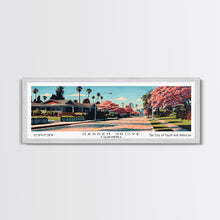 Cargar imagen en el visor de la galería, Garden Grove California Panoramic Painting, Framed Canvas Print, Mid Century Modern Wall Art, Retro Pop Art Travel Poster, Living Room Decor, City Art