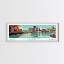 Load image into Gallery viewer, Pittsburgh Pennsylvania Panoramic Wall Art, Mid Century Modern Framed Canvas Print, Retro Pop Art Travel Poster, Office Decor, Gift Idea