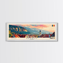 Load image into Gallery viewer, Brasov Romania Panoramic Travel Poster, Framed Canvas Print or Metal Wall Art, Travel Art, Home Decor, Panoramic Painting, Midcentury Art