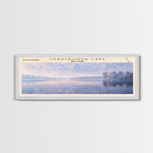 Cargar imagen en el visor de la galería, Chautauqua Lake New York Framed Canvas Print, Lake House Art, Panoramic Wide Wall Art, Travel Poster, Modern Lake Painting, Nature Art