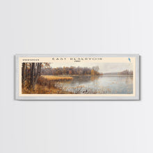 Load image into Gallery viewer, East Reservoir Ohio Framed Canvas Print, Lake House Art, Panoramic Wall Art, Travel Poster, Modern Lake Painting, Nature Art