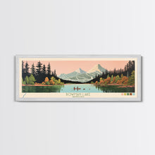 Load image into Gallery viewer, Bowman Lake Montana Framed Canvas Print, Panoramic Wall Art, Midcentury Modern, Pop Art, Travel Poster, Scenic Living Room Art, Lake House Decor