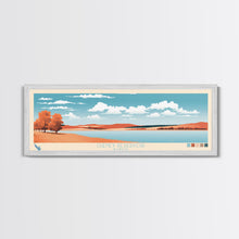 Load image into Gallery viewer, Cheney Reservoir Kansas Framed Canvas Print, Midcentury Modern Panoramic Wall Art, Living Room Decor, Pop Art, Travel Poster Art, Scenic Nature Painting, Lake House Decor