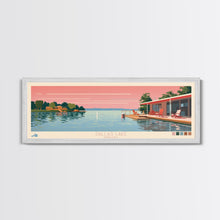 Load image into Gallery viewer, Dallas Lake Indiana Framed Canvas Print, Midcentury Modern Panoramic Wall Art, Bedroom Decor, Pop Art, Travel Poster Art, Scenic Nature Painting