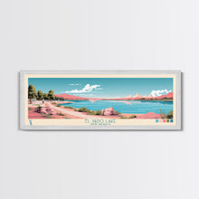 Load image into Gallery viewer, El Vado Lake New Mexico Framed Canvas Print, Panoramic Art, Midcentury Modern, Pop Art, Bedroom Decor, Travel Poster, Serene Lake Art