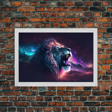 Cargar imagen en el visor de la galería, Cosmic Roar, lion roaring at the stars, synthwave galaxy and lion art, framed canvas print, unique framed wall art