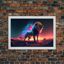 Cargar imagen en el visor de la galería, Cosmic roar watercolor, Lion staring at the stars over Africa, framed canvas print, unique vibrant wall art