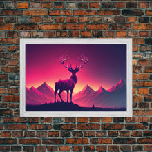 Load image into Gallery viewer, Beautiful stag and sunset, synthwave landscape art, framed canvas print, nature print, pastel and pink art