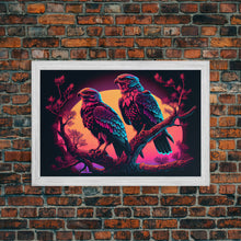 Load image into Gallery viewer, Birds of Prey at sunset, Hawks on a branch, framed canvas print