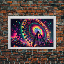 Cargar imagen en el visor de la galería, Colorful boardwalk art, neon lit night time ferris wheel, framed canvas print, framed wall art