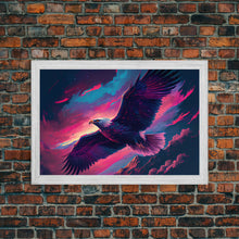 Carregar imagem no visualizador da galeria, Bald eagle in flight, vaporwave aesthetic art, eagle against a pastel sunset sky, framed canvas art, framed print