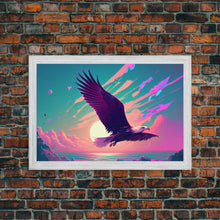 Carregar imagem no visualizador da galeria, Bald eagle in flight, vaporwave sunset, vaporwave art, framed canvas print, pink and turquoise art