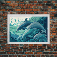 Load image into Gallery viewer, Dolphins in the Ocean, Turquoise dolphin art, framed canvas print, wall art with frame