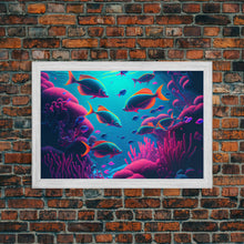 Load image into Gallery viewer, Coral Reef art, synthwave aesthetic ocean art, school of fish, framed canvas art, framed wall art canvas print