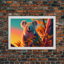 Cargar imagen en el visor de la galería, Cute Koala bear at sunset, vaporwave animal art, framed canvas print, framed wall art, ready to hang