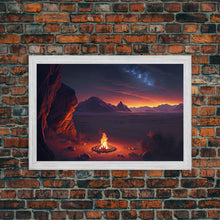 Load image into Gallery viewer, Watercolor of a prehistoric campfire, primitive art, framed canvas print